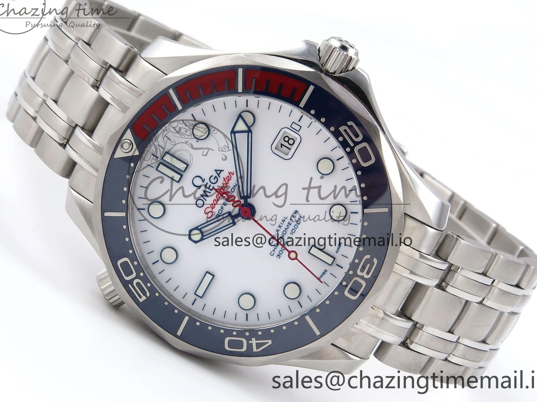 0409 HighQuality Seamaster Diver 300M OMF 1:1 Best Edition Blue Red Ceramic White Dial on SS Bracelet A 7705